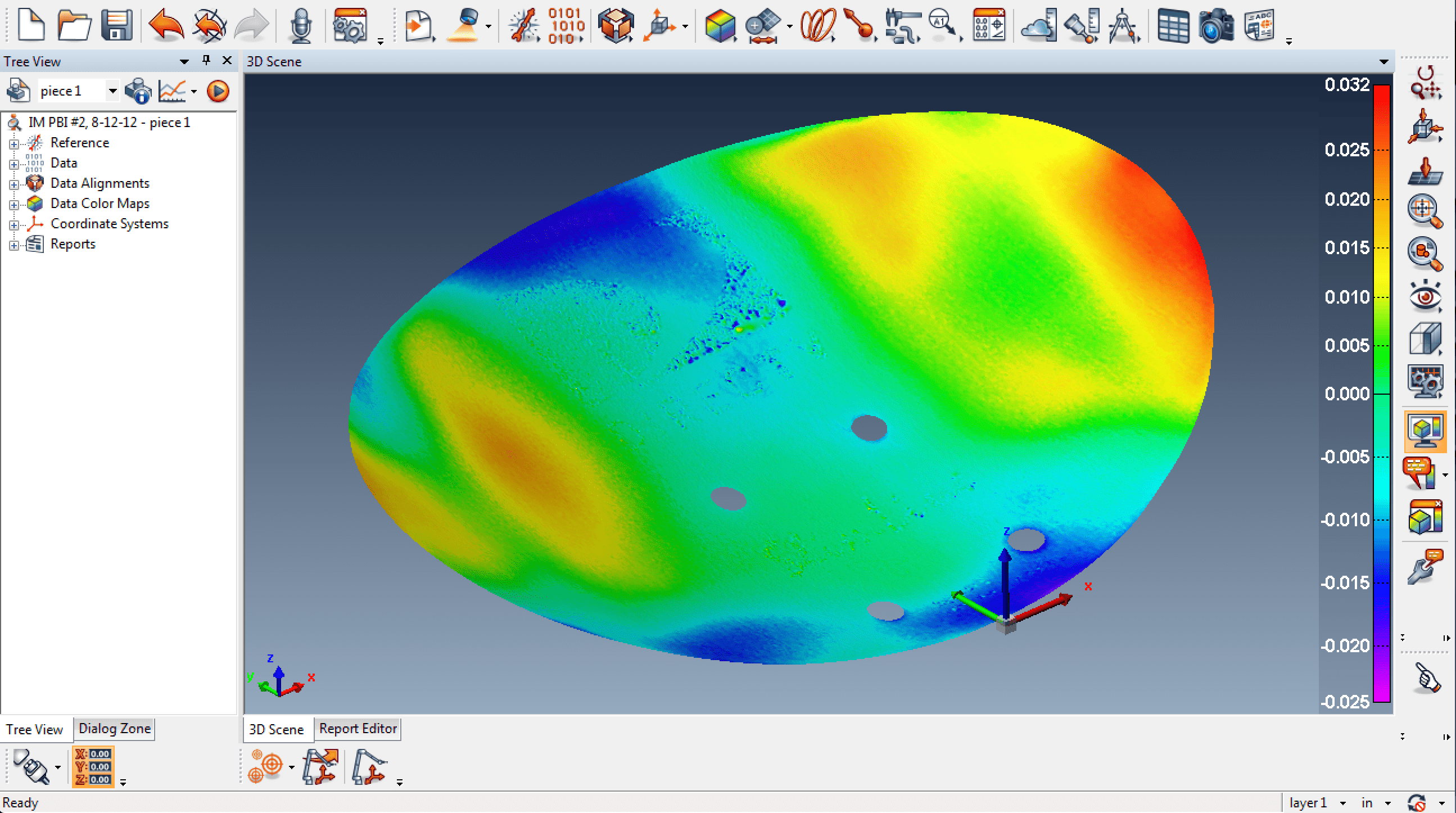 传统的3D扫描显示CAD模型图与扫描零件图的偏差彩图。